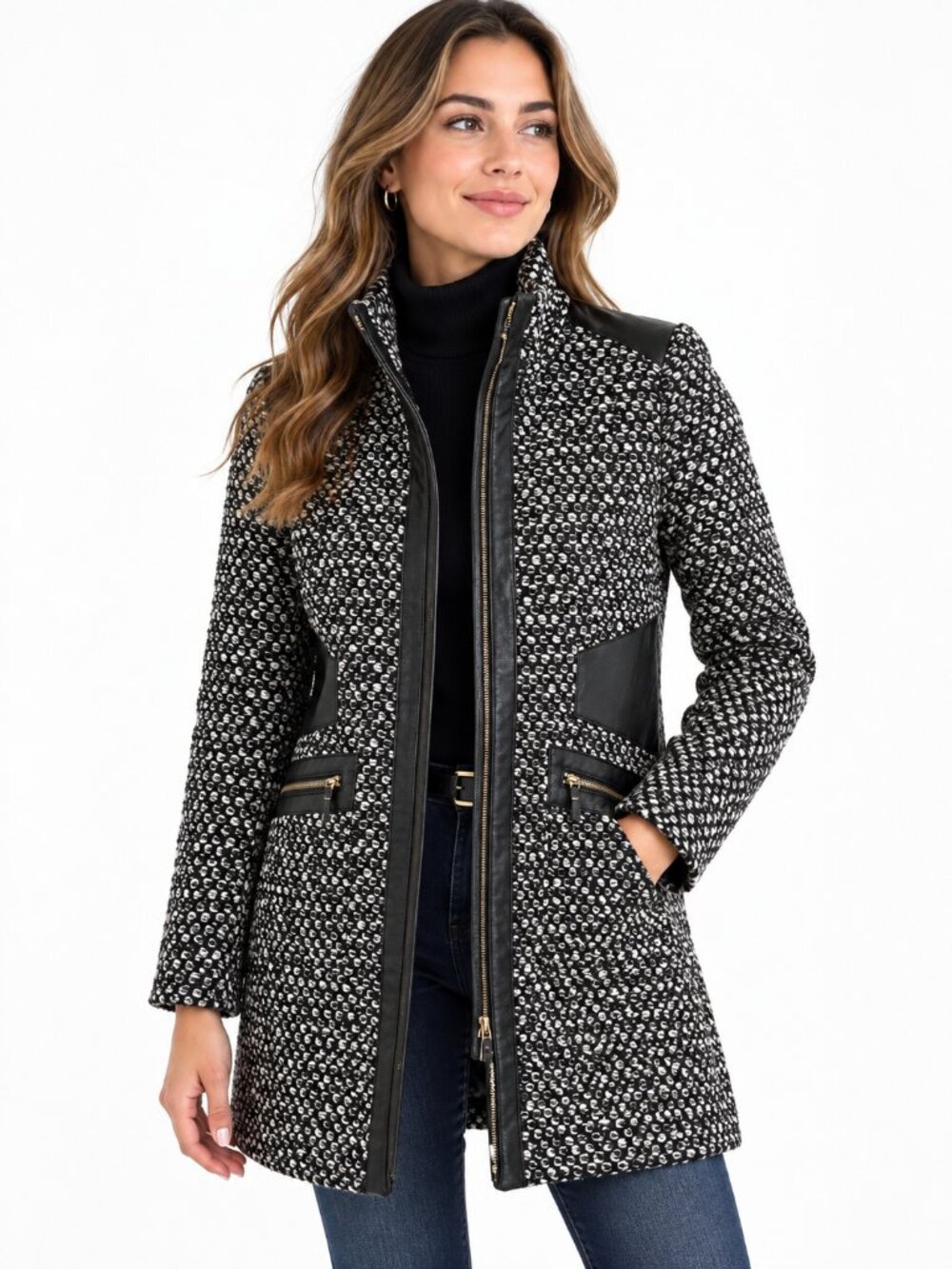 Via Spiga Women's Woven Black & White Zip-Front Women's Coat size 12